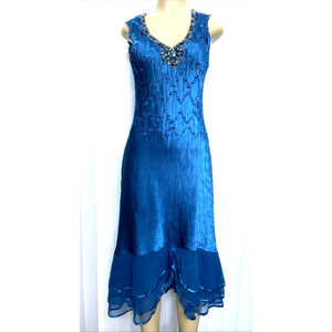 Komarov Dress Midi Embellished V Neck Sleeveless Crinkle Blue Teal A lin…